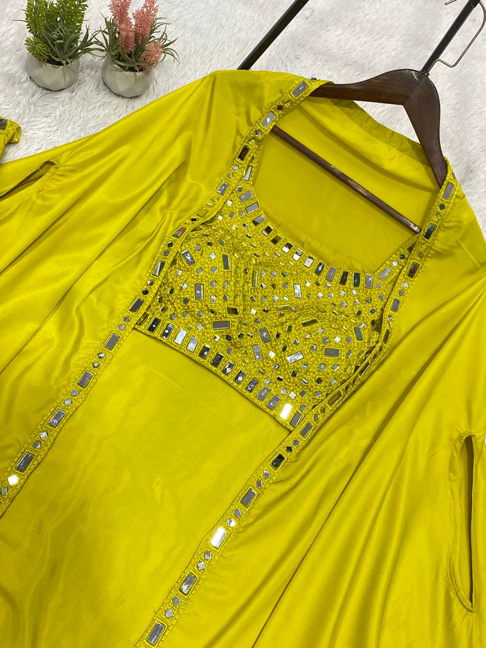 THIS WEDDING SEASON WEAR OUR BEAUTIFUL 3 PIECE WITH REAL MIRROR WITH EMBROIDERED BLOUSE, SKIRT AND LONG SHRUGE