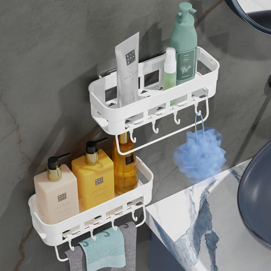 Bathroom Storage Shelf Wall Mounted Self Adhesive No Drill with Hooks | Waterproof Plastic Organizer Rack for Shower & Kitchen (White, Pack of 1)