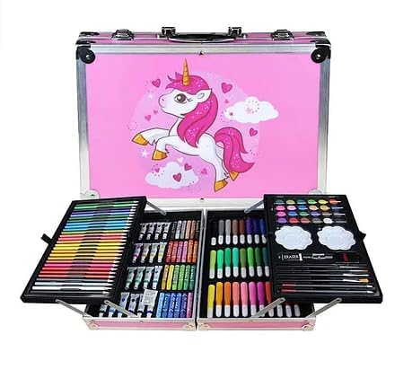 145 Pieces Art Set for Kids. 145 Pcs Color Set. Unicorn Painting Box. Drawing Colour Pencils, Oil Pastel, Watercolours, Sketches, Crayons & Paint Brush. Vanity Color Box for School Project. Pink