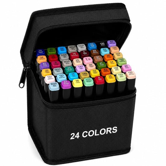 Dual Tip Colorful Art Markers Sketch Pens Colors With Carrying Case For Painting Sketching Calligraphy Drawing -Twin Head Permanent Colouring Marker Pens (Pack OF 1) (Marker Black 24)