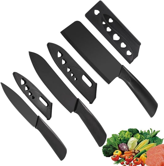 Klick n shop Stainless Steel Kitchen Knife Set – 3 Piece Chef, Utility & Paring Knives with Blade Cover | Sharp Vegetable, Fruit & Meat Cutting Knives with Ergonomic Handle (Black)