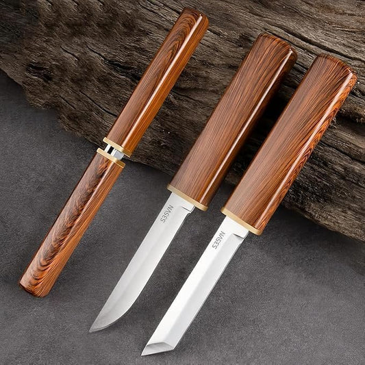 Mini Kantana Knife Set with Cover Dual Blade Stainless Steel Utility Knives Wood Color Plastic Handle for Kitchen Fruit Cutting Camping Trekking Outdoor Travel Everyday Carry Tool