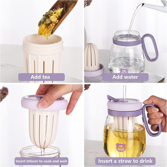 Glass Tumbler with Fruit Infuser Lid & Straw, Portable Summer Drink Cup for Juice, Tea, Detox Water & Milk Tea | Leakproof Handle Mug for Girls, Travel & Daily Hydration (Multicolor) (1)