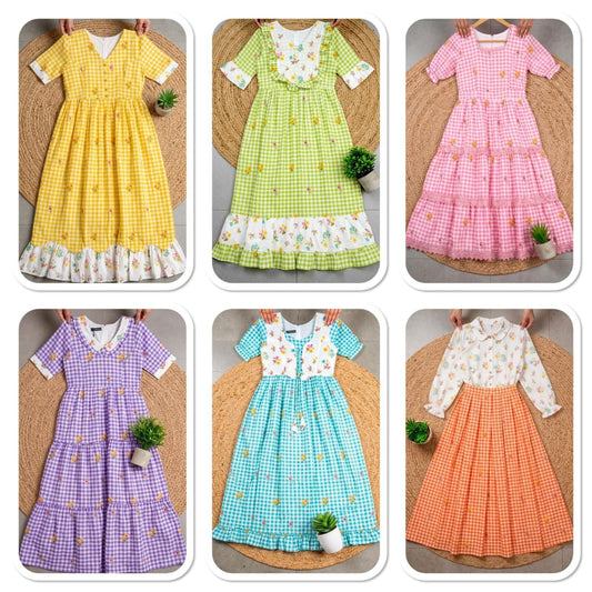 These beautiful Maxi's are just so adorable Chic and comfortable for this summer season classic Chex print in Soft Cotton Fabric with beautiful floral details playful sleeves unique neckline's