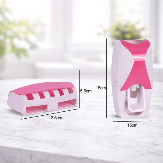 Automatic Toothpaste Dispenser and 5 Toothbrush Holder Fresh ABS Plastic Dust-Proof Wall Mounted with Cover Storage Stand for Home Bathroom (Multi Colors)