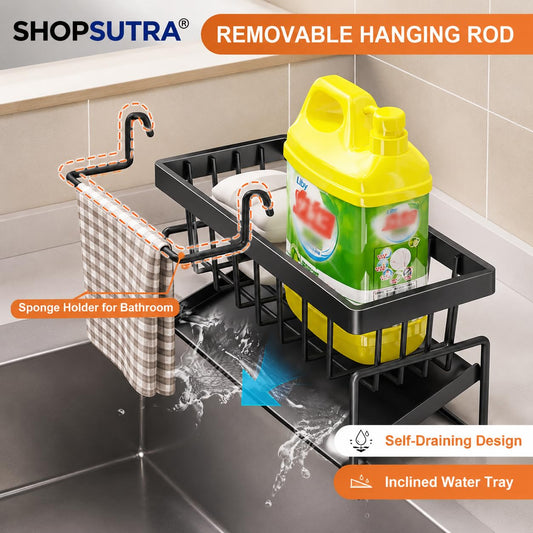 Kitchen Sink Organiser with Drain Tray, Countertop Storage Rack for Dish Soap Sponge Scrubber, Metal Wire Design, Black