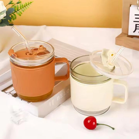 Mini Handle Glass Cup(Pack of 1)(350ML) Drinking GlassCup with Silicone Straw and Glass Lid Cartoon Pattern,Creative Multipurpose Drink forMilk,Tea,Coffee,Juice,Thick Shake