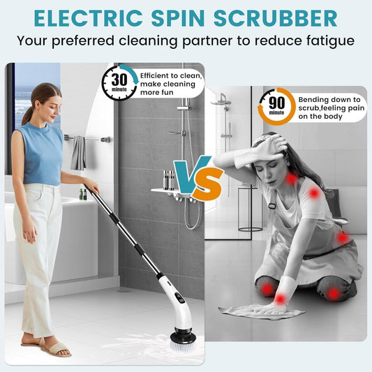 Seseno 9 in 1 Electric Spin Scrubber, Cleaning Brush Scrubber for Home, 300RPM/Min, 8 Replaceable Brush Heads, 3 Adjustable Size, 2 Adjustable Speeds, for Bathroom, Floor Tiles