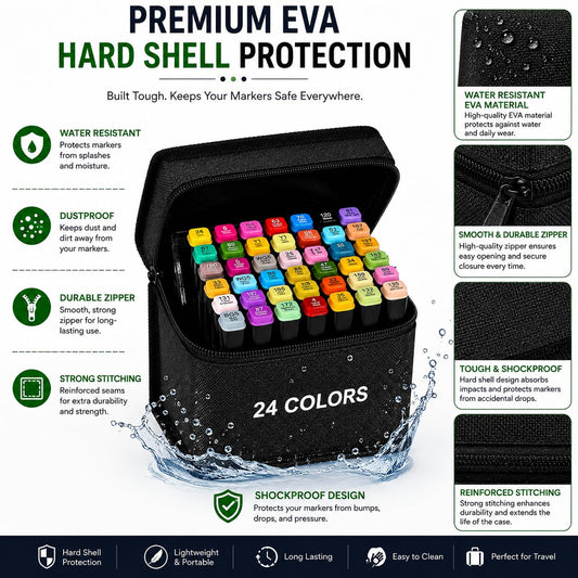 Dual Tip Colorful Art Markers Sketch Pens Colors With Carrying Case For Painting Sketching Calligraphy Drawing -Twin Head Permanent Colouring Marker Pens (Pack OF 1) (Marker Black 24)