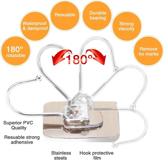 Pack of 10 Self Adhesive Large Hooks for Wall, Nail Free Stainless Big Hooks for Wall Without Drilling | Reusable & Transparent wall Hooks for Hanging Strong 5kg | Heavy Duty Wall Hooks