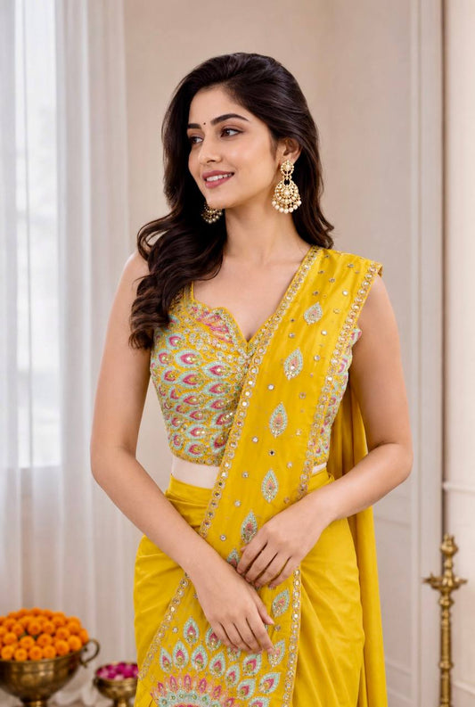 Get festive ready in our new Trending Stylish Ready to Wear Saree set With Embroidery Work detailing.