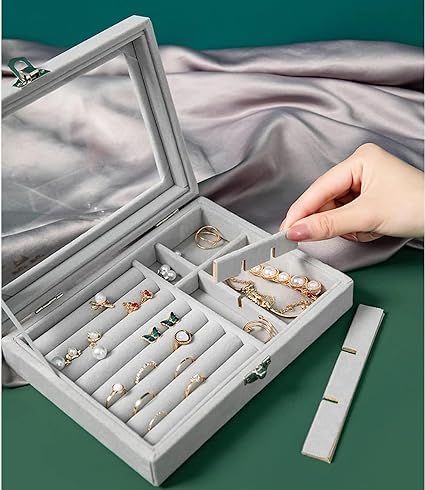 NVF Jewellery Box for Women | Velvet Clear Lid Jewelry Organizer | Ring Earring Bracelets Jewelry Storage Case | Rings Storage Clear Acrylic Jewellery Box Earring Holder