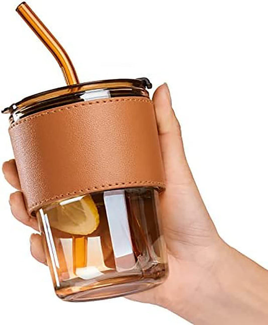 Glass Sipper Tumbler Lid and Straw Coffee Tumbler Tea Coffee Mugs with Leather Sleeve Cup and Mug for Kids Milk Juice Mug for Water Drinking Sipper,400 ML (1 PCS Brown)