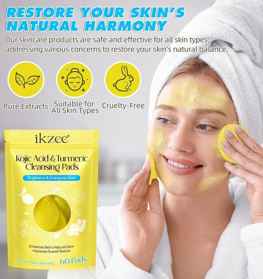 RIHETI Kojic Acid & Turmeric Cleansing Pads – 60PCS | Vitamin B5, Vitamin C, Lemon & Chamomile Infused Foaming Exfoliating Pads for Face | Natural Skin Brightening, Pore Cleansing & Makeup Removal