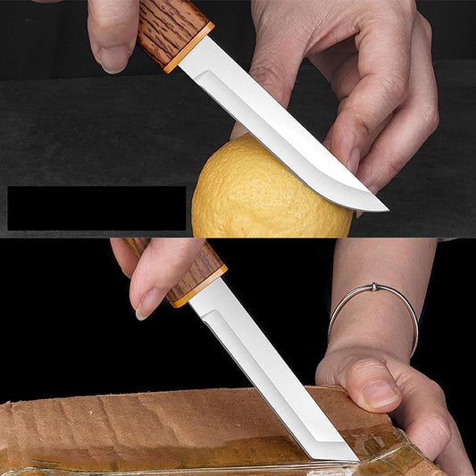 Mini Kantana Knife Set with Cover Dual Blade Stainless Steel Utility Knives Wood Color Plastic Handle for Kitchen Fruit Cutting Camping Trekking Outdoor Travel Everyday Carry Tool