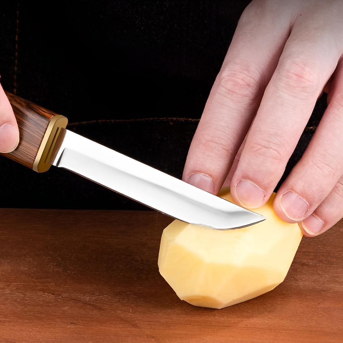 Mini Kantana Knife Set with Cover Dual Blade Stainless Steel Utility Knives Wood Color Plastic Handle for Kitchen Fruit Cutting Camping Trekking Outdoor Travel Everyday Carry Tool