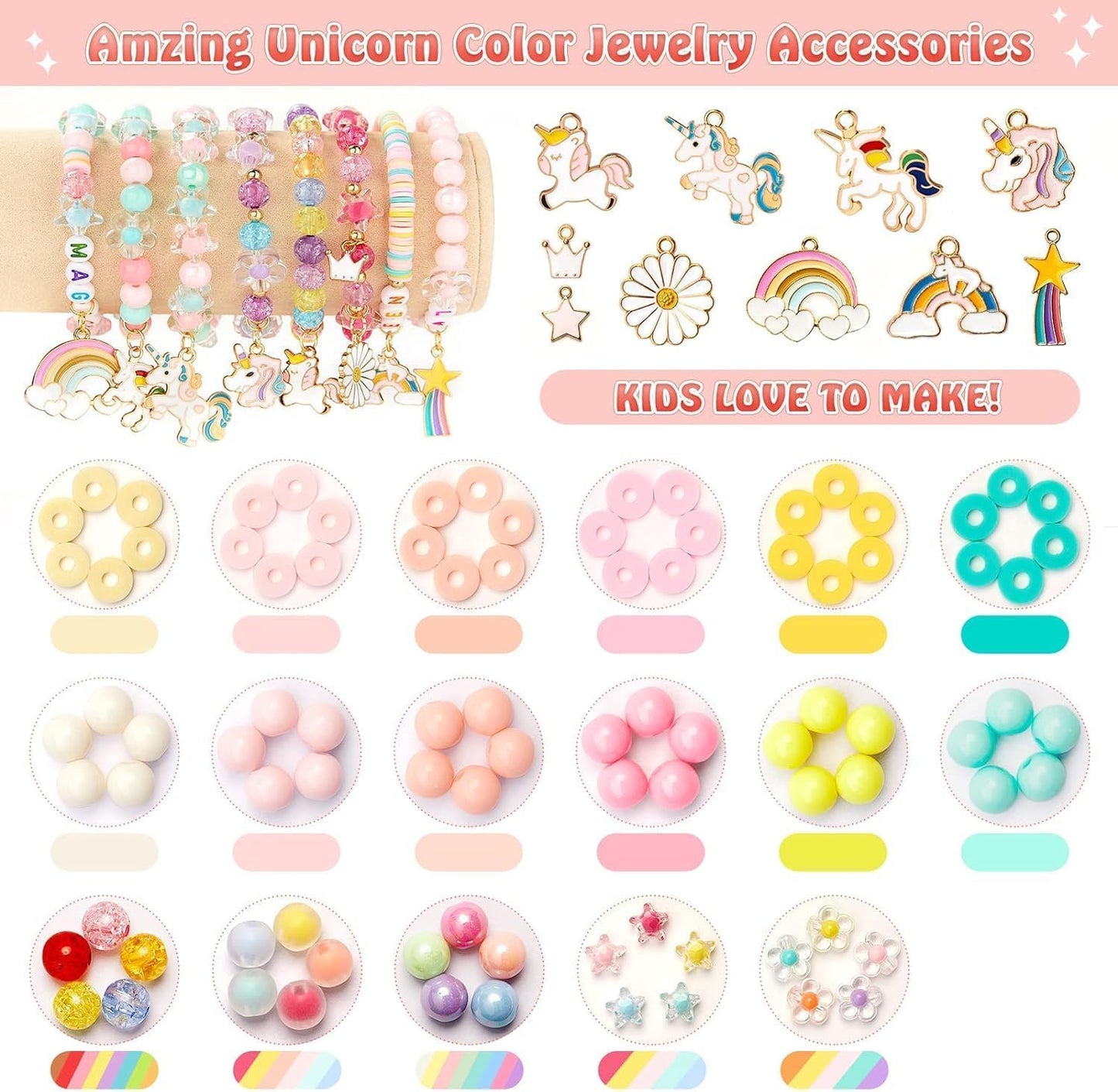 Sendria Unicorn Bracelet Making Kit for Girls Age 5–12 | DIY Jewelry Beads Set with Clay Beads, Unicorn Charms, Pearls, Letter Beads, Elastic Cord & Tools | Creative Arts & Crafts Gift