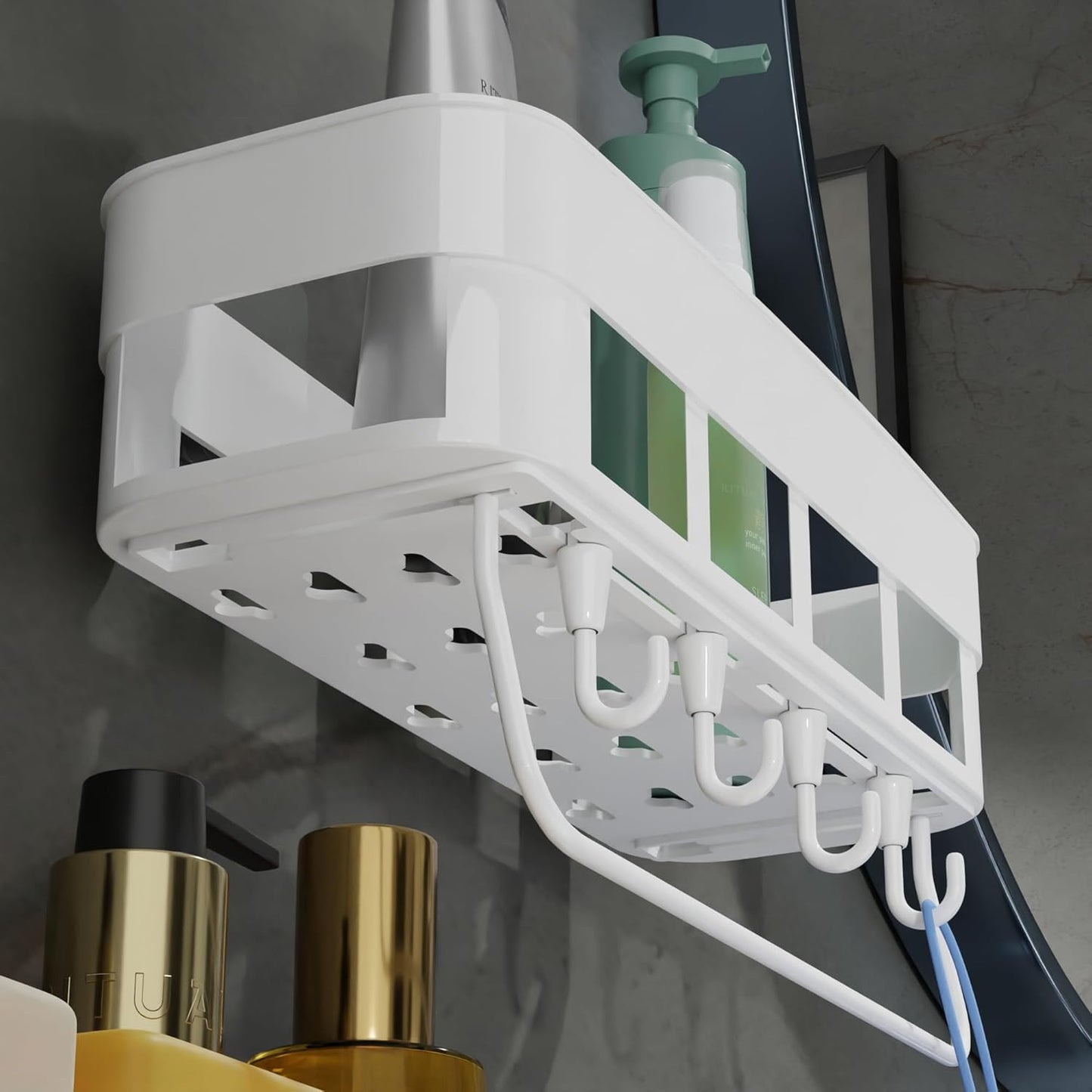 Bathroom Storage Shelf Wall Mounted Self Adhesive No Drill with Hooks | Waterproof Plastic Organizer Rack for Shower & Kitchen (White, Pack of 1)