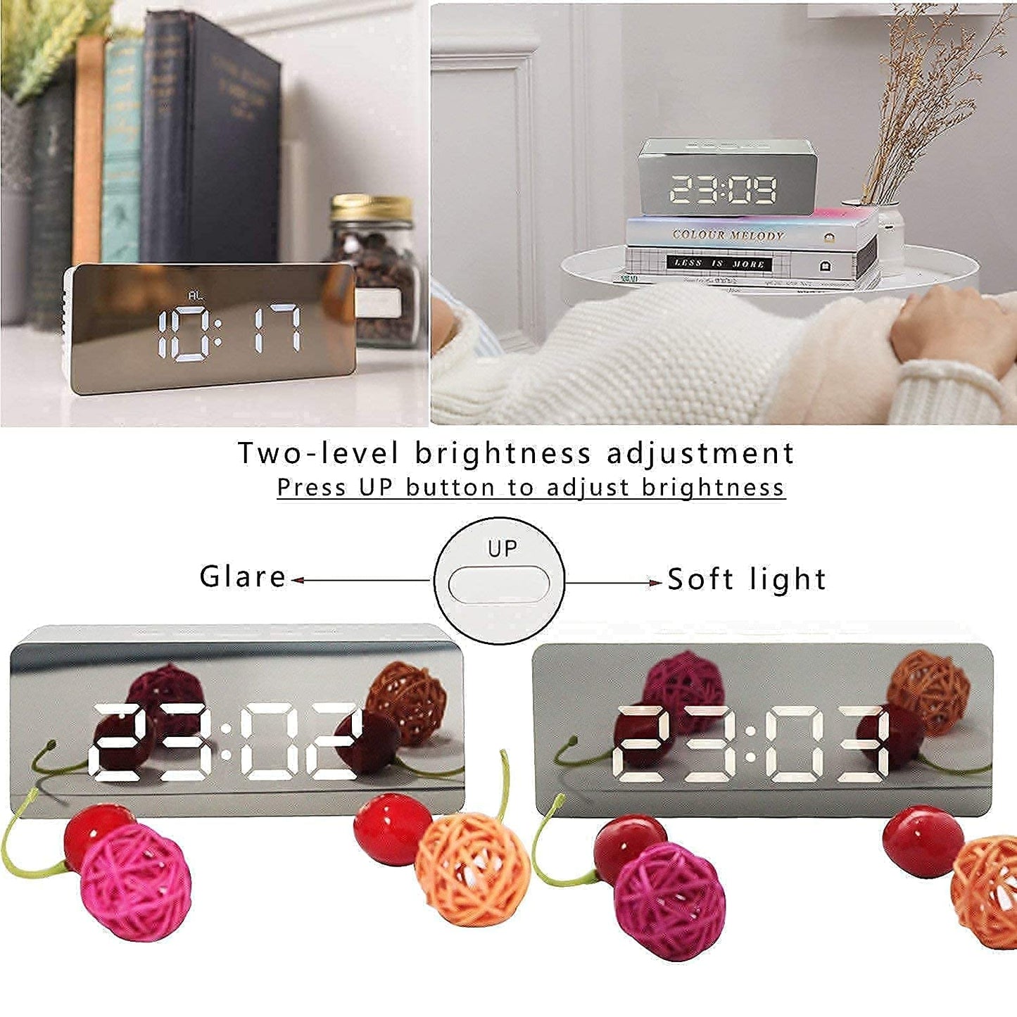 Digital LED Mirror Alarm Clock, Smart Bedside Clock with Large Display, Snooze, Adjustable Brightness & USB Powered Table Clock for Bedroom & Office
