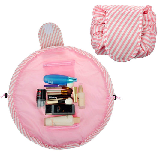 Lazy Bag Pink Strip, Waterproof Travel Toiletry Organizer, Foldable Makeup Storage Pouch for Women Vanity Bag