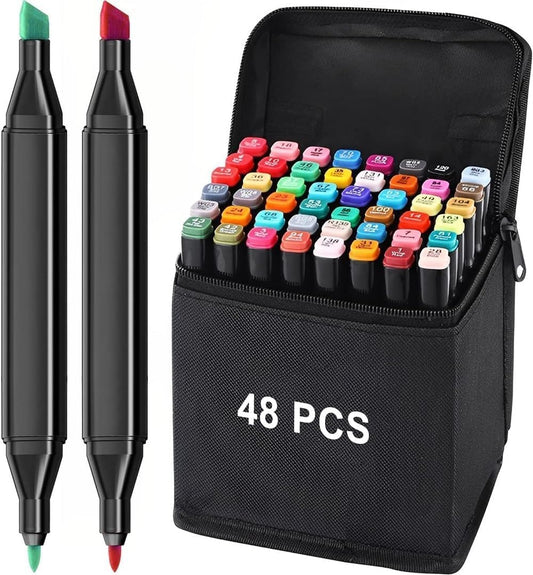 Vasukie Dual Tip Colourful Art Markers Sketch Pens 48 Colours With Carrying Case For Painting Sketching Calligraphy Drawing Non Toxic Twin Head Permanent Colouring Markers For Kids Adult