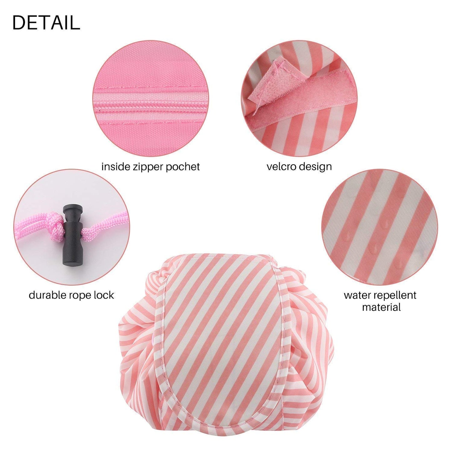 Lazy Bag Pink Strip, Waterproof Travel Toiletry Organizer, Foldable Makeup Storage Pouch for Women Vanity Bag