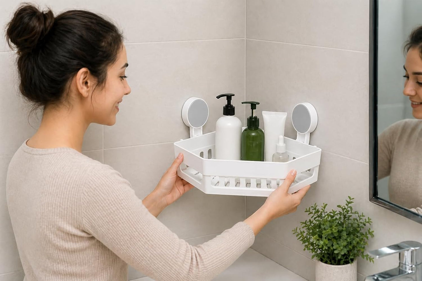 Bathroom Corner Shelf Wall Mounted | No Drill Suction Cup Shower Rack | Plastic Waterproof Corner Storage Organizer for Bathroom & Kitchen