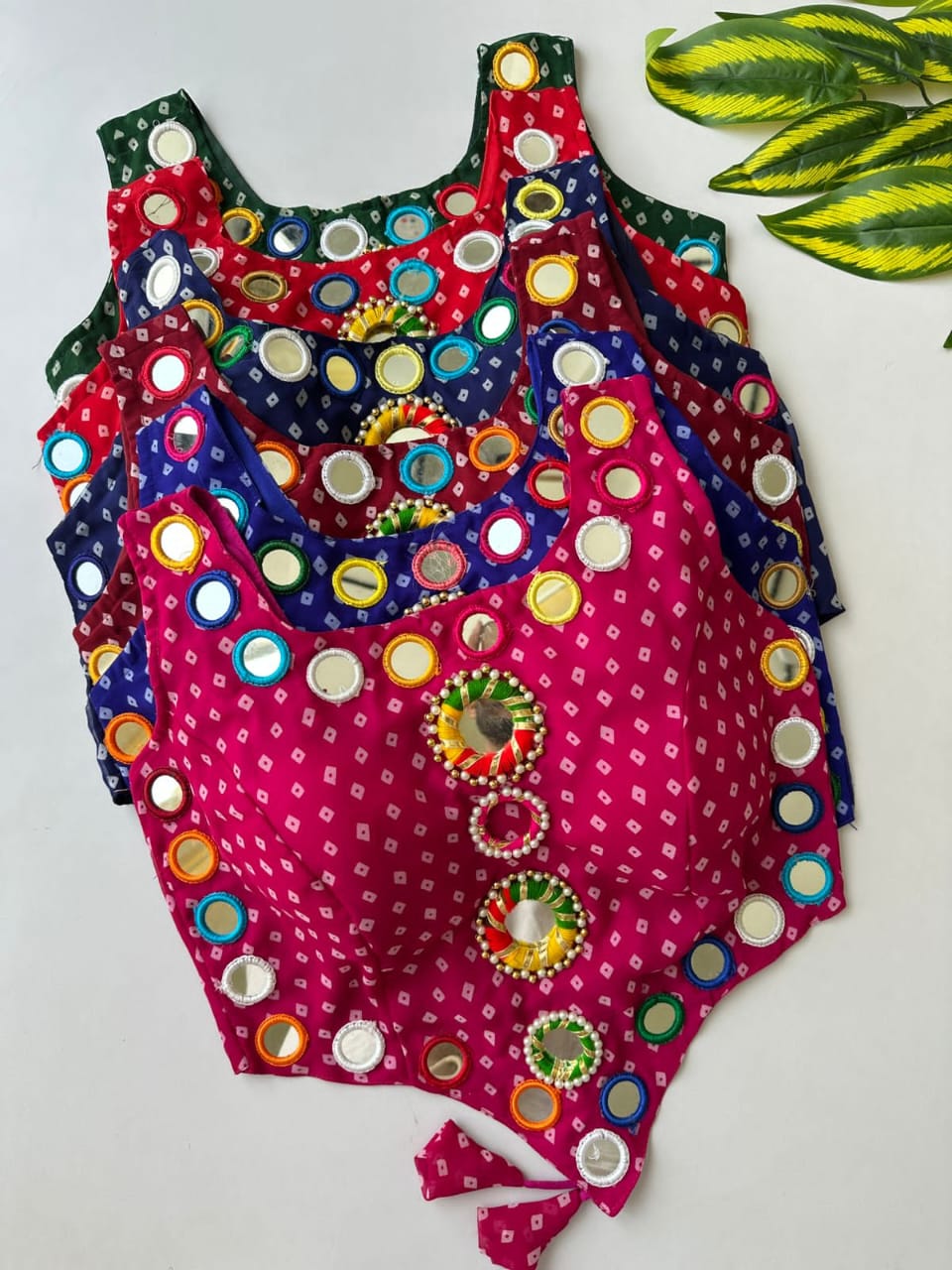 presenting new Navratri concept blouse with real hand mirror work* Design name :- Navratri :21 FABRIC:-- Pure Georgette Bandhani with heavy mirror work