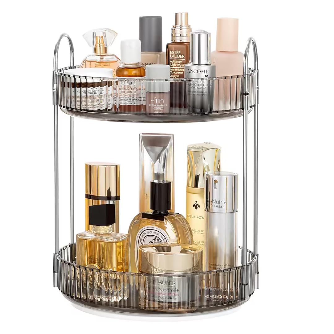 360° Rotating Makeup Organizer Box - Cosmetic Storage with Drawers, Plastic Makeup Holder Stand for Dressing Table, Lipsticks, Nail Polishes & Accessories (Light Gray, 2 Layer)