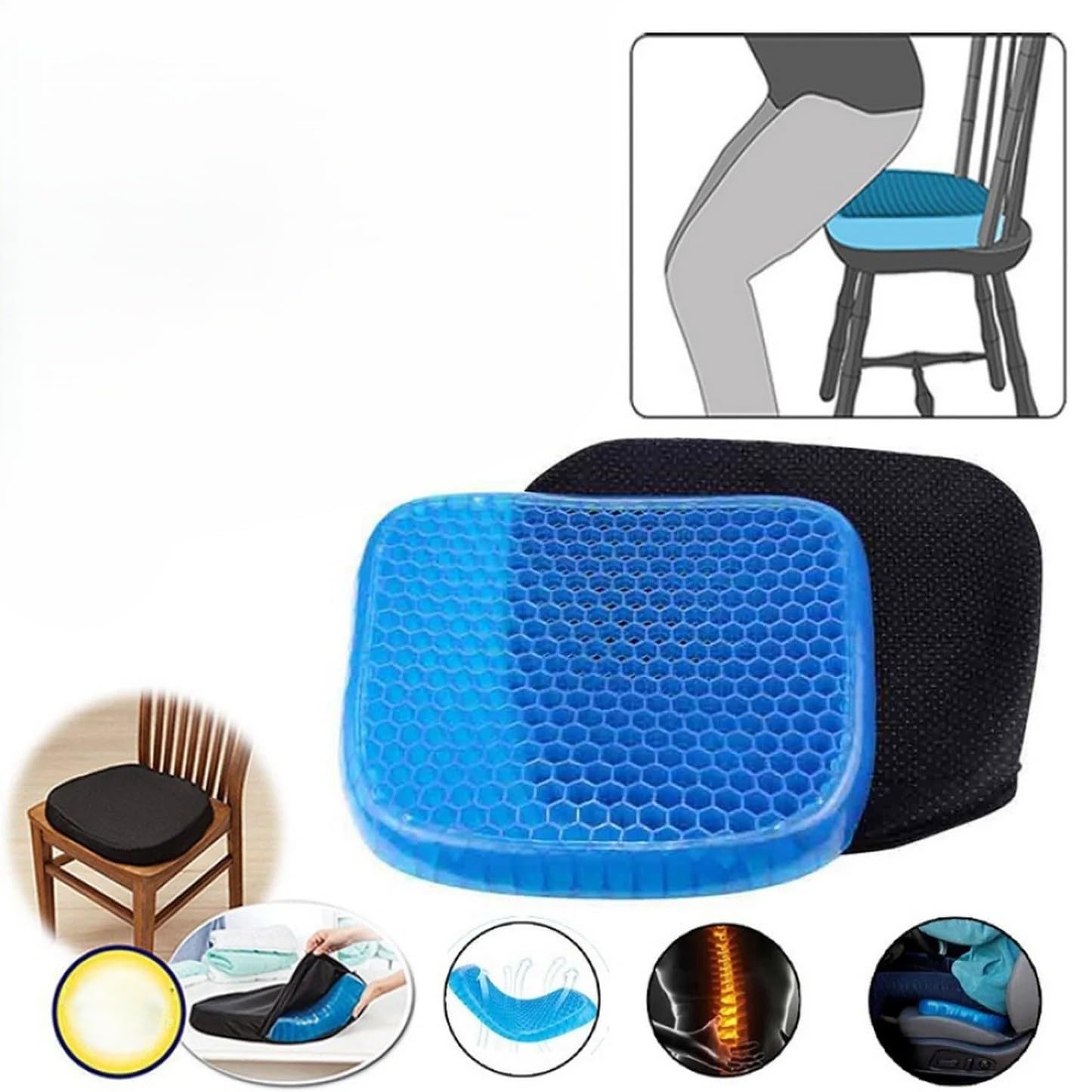 B W Egg-Seater Gel Honeycomb Seat Cushion, Ergonomic Orthopedic Support, Blue Cooling Pad with Non-Slip Cover for Office Chair, Car, Wheelchair.