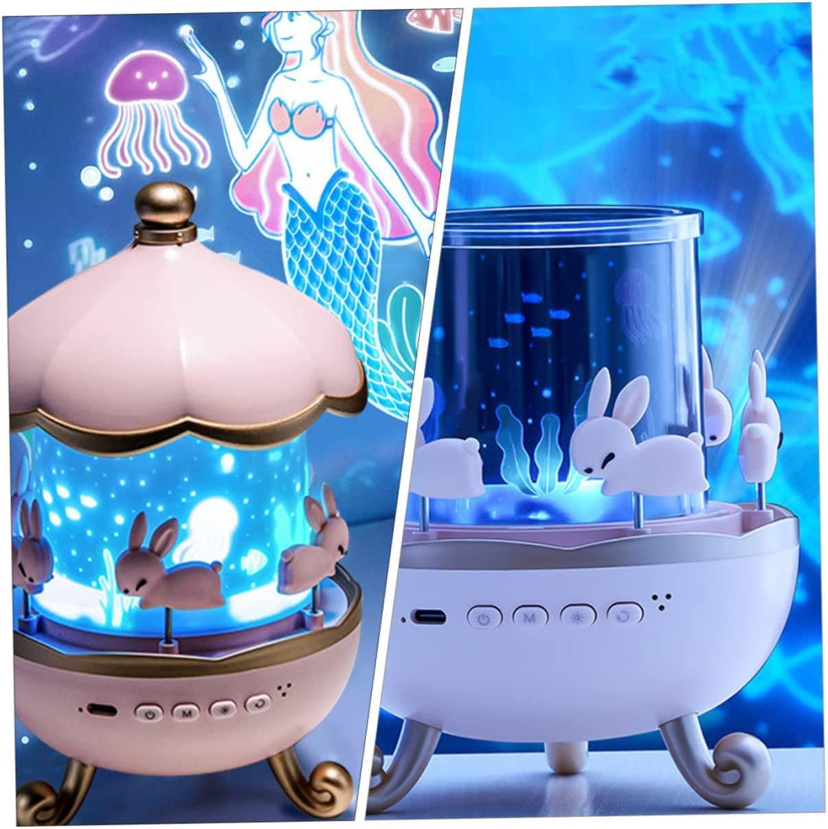 Galaxy Bunny Carousel Star Projector Lamp with 6 Set Films,Rotatable Mode,Rechargeable Rabbit Nursery Light for Kids,Baby Room Decor,Girls, Boys,Gift Item