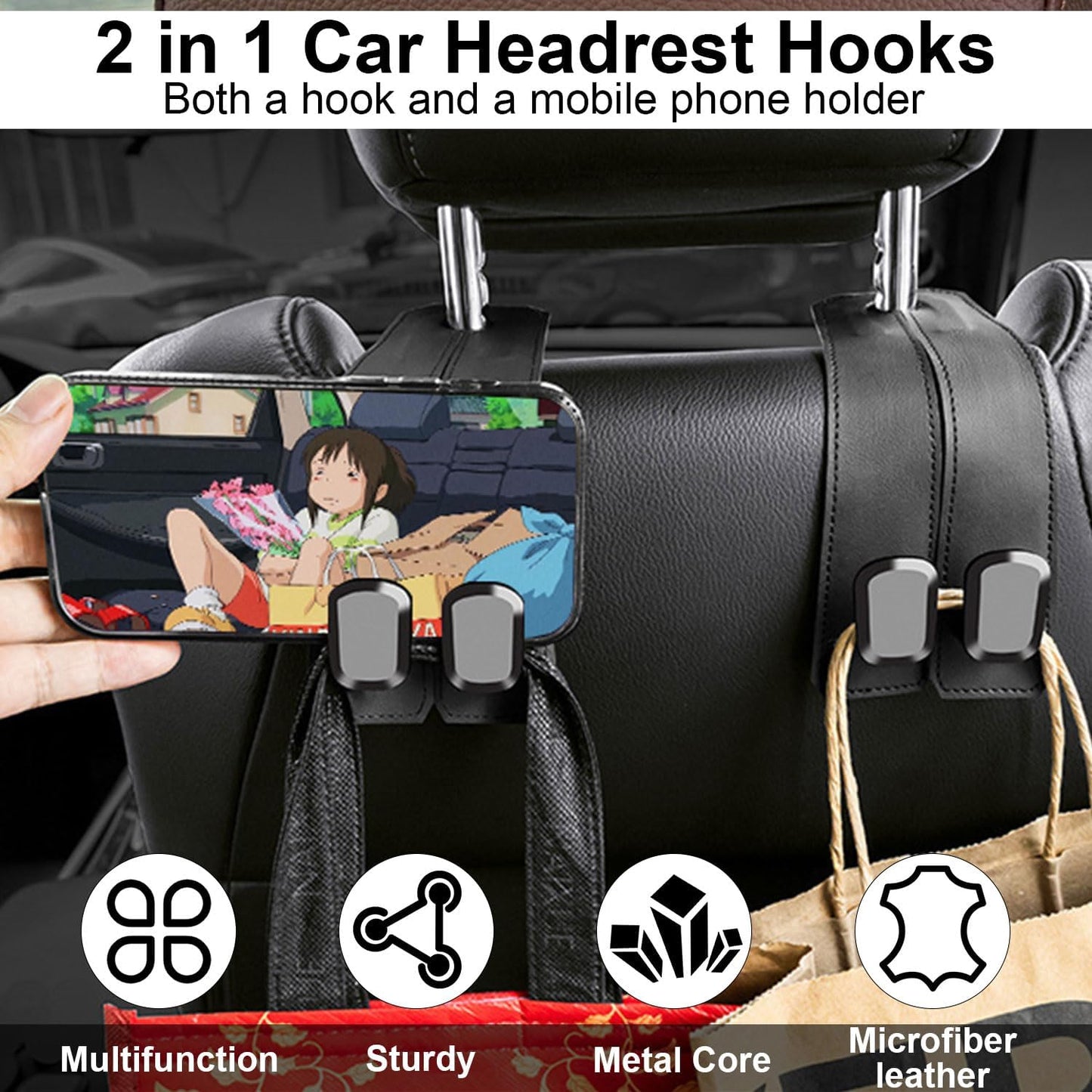 2 Pack Car Seat Headrest Double Hooks Leather Car Back Seat Headrest Hooks for Purses, Bags and Handbags, Car Organization Accessories