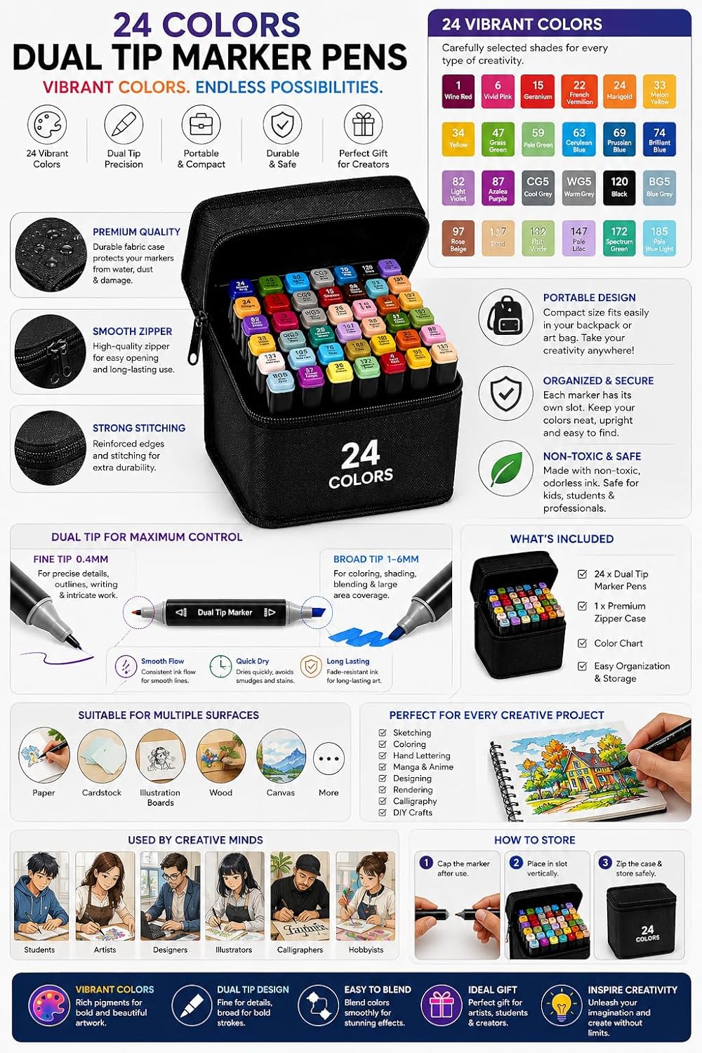 Dual Tip Colorful Art Markers Sketch Pens Colors With Carrying Case For Painting Sketching Calligraphy Drawing -Twin Head Permanent Colouring Marker Pens (Pack OF 1) (Marker Black 24)