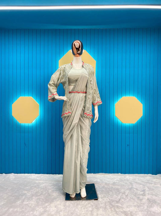 TRENDING STYLE NEW FANCY READY TO WEAR SAREE WITH SEQUENCE EMBROIDERY WORK KOTI AND FULLSTITCHED BLOUSE ??