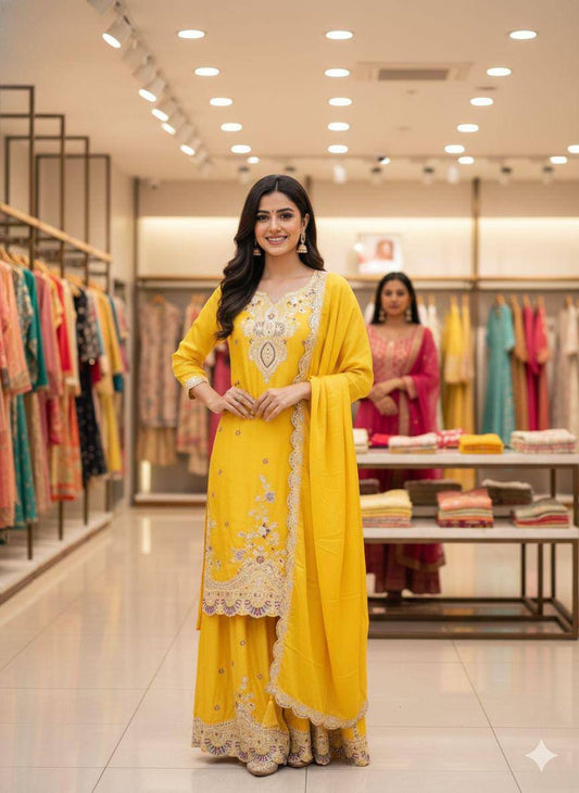 EXCLUSIVE AND TRENDY FOR WEDDING SEASON OUR SEQUENCE EMBROIDERED TOP, PLAZZO AND DUPATTA