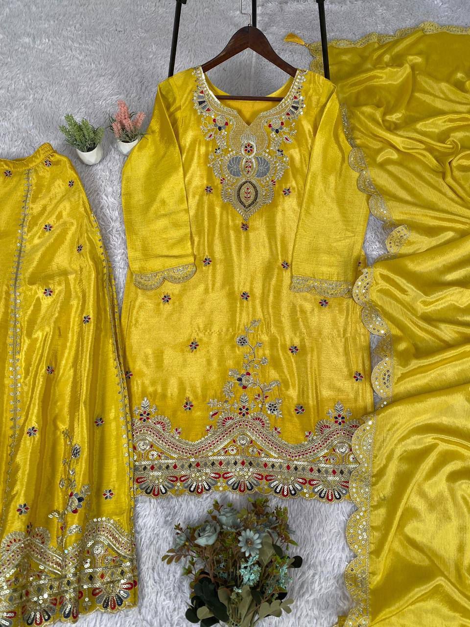 EXCLUSIVE AND TRENDY FOR WEDDING SEASON OUR SEQUENCE EMBROIDERED TOP, PLAZZO AND DUPATTA