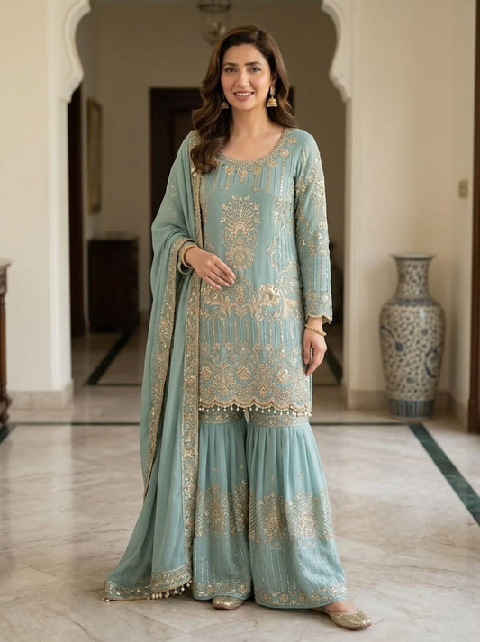 SEQUENCE EMBROIDERY WORKED TOP, SARARA AND DUPATTA