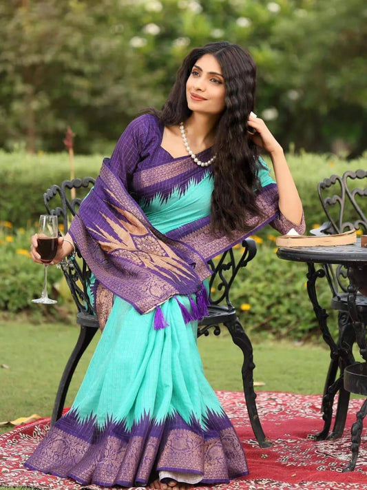Elegant Turquoise & Purple Heritage Saree