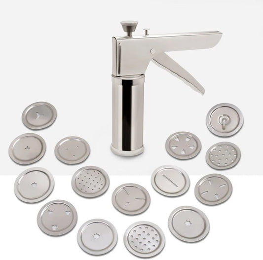 Stainless Steel Kitchen Press with 15 Different Types of Jalies, Murukku Maker/Bhujiya Maker/Noodles/Cookies/Namkeen/Chakali Maker/Sev Maker/Farsan Maker/Gathiya Maker