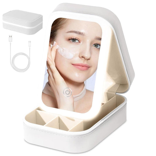Travel Portable LED Makeup Bag with Adjustable Light-Up Mirror, 3 Color Light Settings, Dust-Proof Cosmetic Case, Jewelry Organizer and Multi-Compartment Storage Box for Women