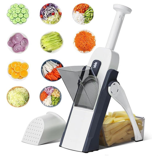 Adjustable Mandoline Slicer Vegetable Cutter with Container - Stainless Steel Blade Potato Chips Maker, French Fries Cutter, Wafer Slicer, Julienne Chopper for Kitchen Use
