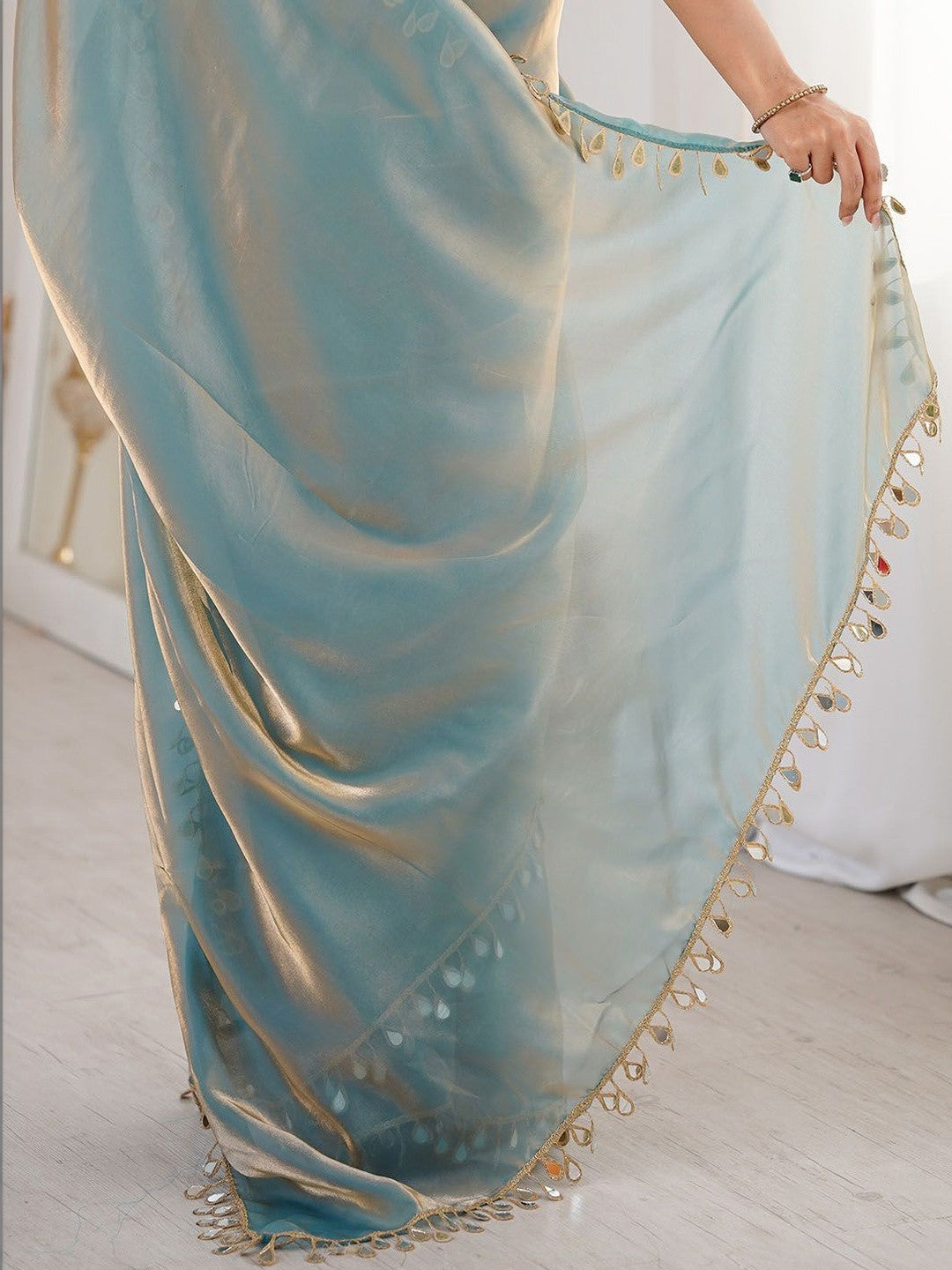 Premium Fendi Satin With Mirror Work 5.5 MTR Saree