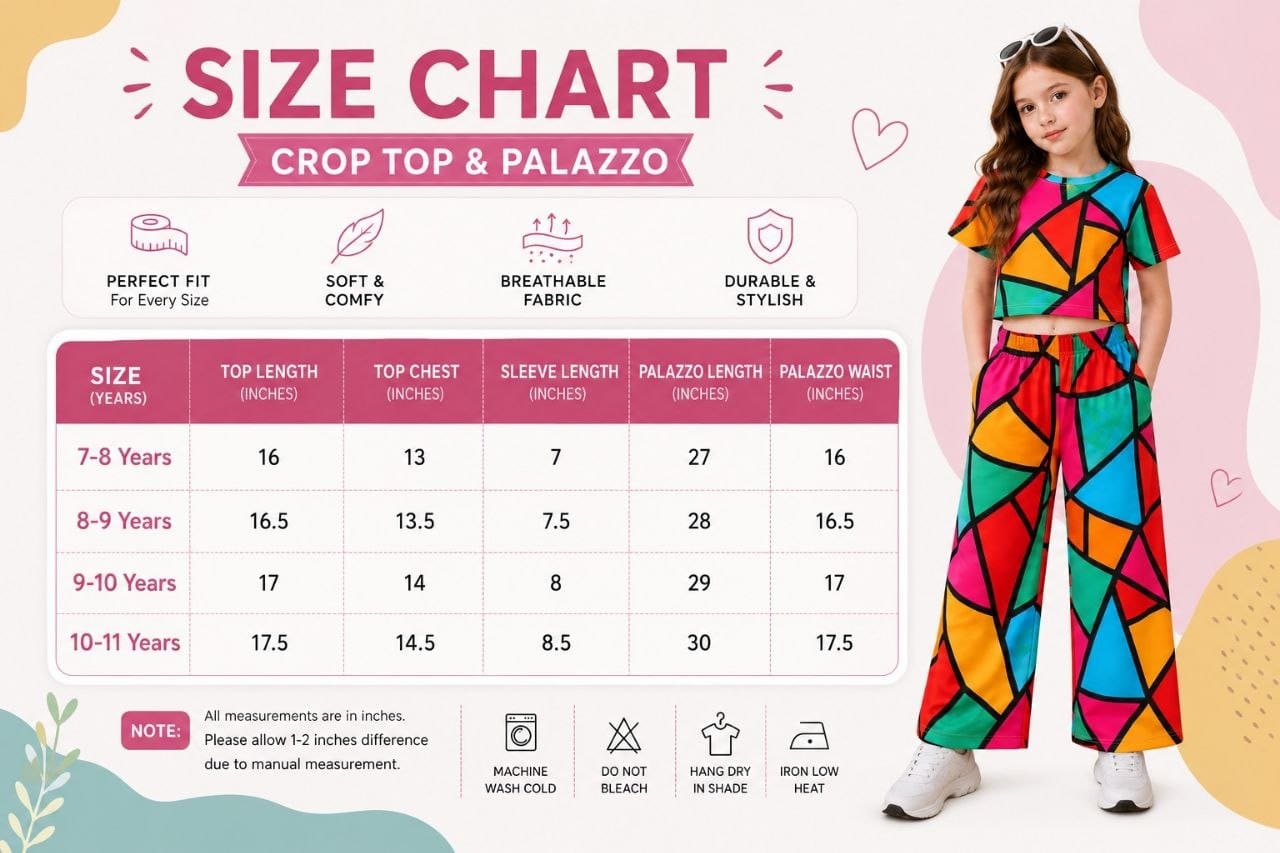 Girls Co-Ord Set | Half Sleeve Crop Top & Wide Leg Palazzo Set | Casual Wear | Soft & Comfortable | Kids Outfit