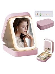 Portable LED Makeup Mirror Boxs with Light | Rechargeable Cosmetic Storage Organizer | Foldable Travel Vanity Boxs for Women & Girls (Pink color)