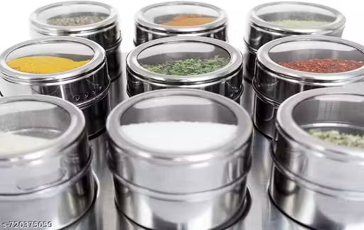9-Pcs Stainless Steel Magnetic Spice Jars with Rack – Round Masala Containers & Spray Tins for Kitchen Storage