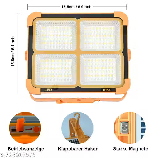 GAJ Portable Solar LED Work Light with Rechargeable Battery, Stepless Brightness – Orange – Ideal for Outdoor & Emergency Lighting