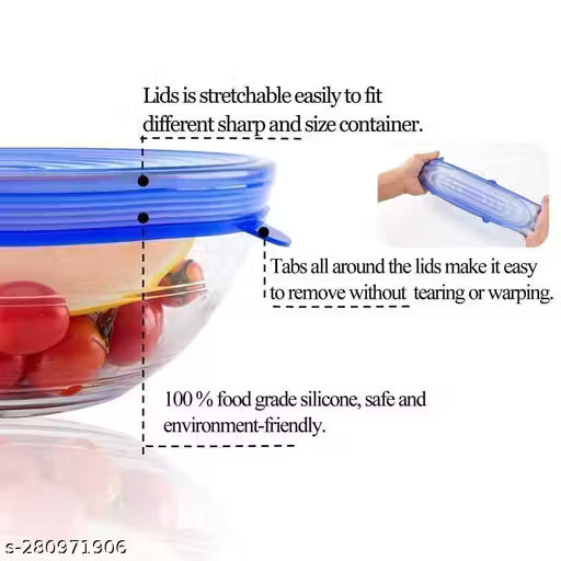 HaveAdeal Silicon Reusable Flexible lids forFood Covers Containers Stretch wrap and Seal Lids, Silicon Food wrap for Bowl Kitchen - Set of 6 with Various Sizes