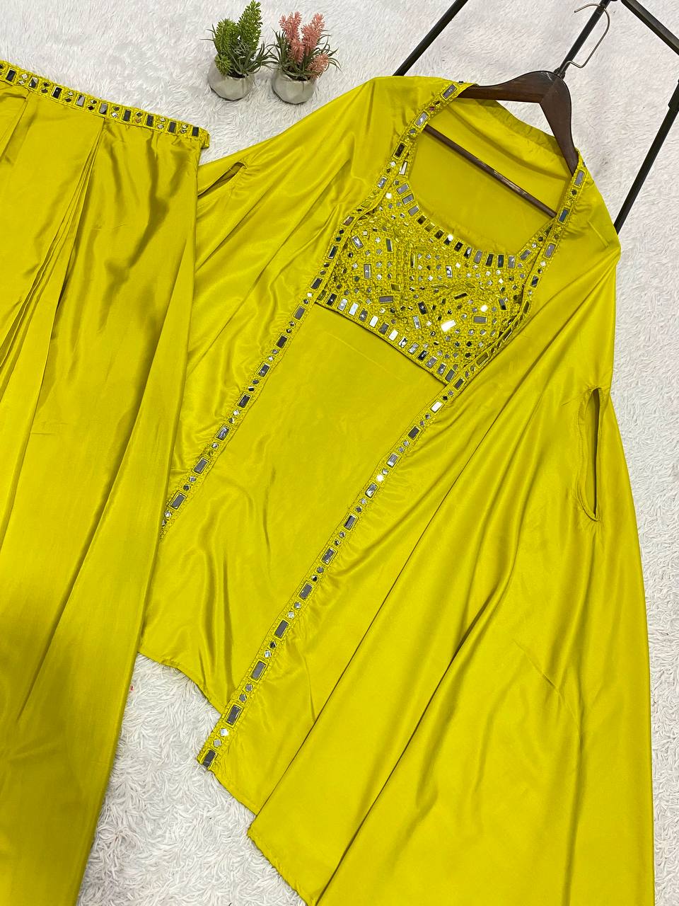 THIS WEDDING SEASON WEAR OUR BEAUTIFUL 3 PIECE WITH REAL MIRROR WITH  EMBROIDERED BLOUSE, SKIRT AND LONG SHRUGE