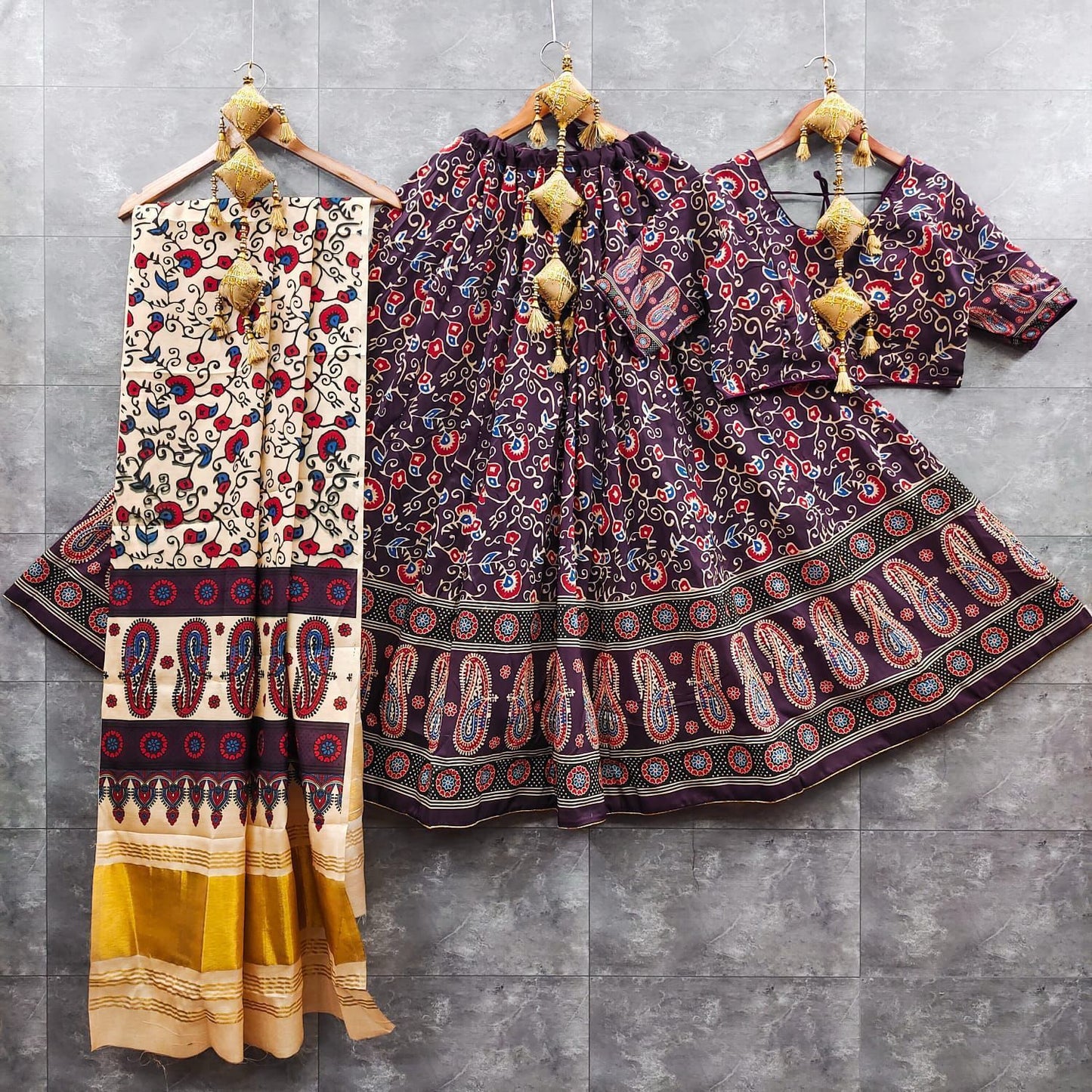 gaji modal lagdi patta duppata and ajrak choli   New arrivals   Maslin silk lehnga