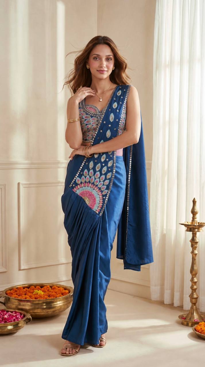 Get festive ready in our new Trending Stylish Ready to Wear Saree set  With Embroidery Work detailing.